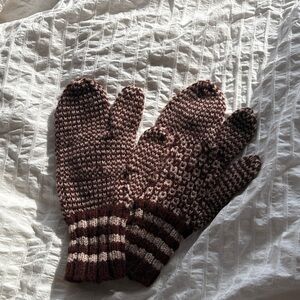 HAND KNITTED Brown and Cream Knit Mittens
